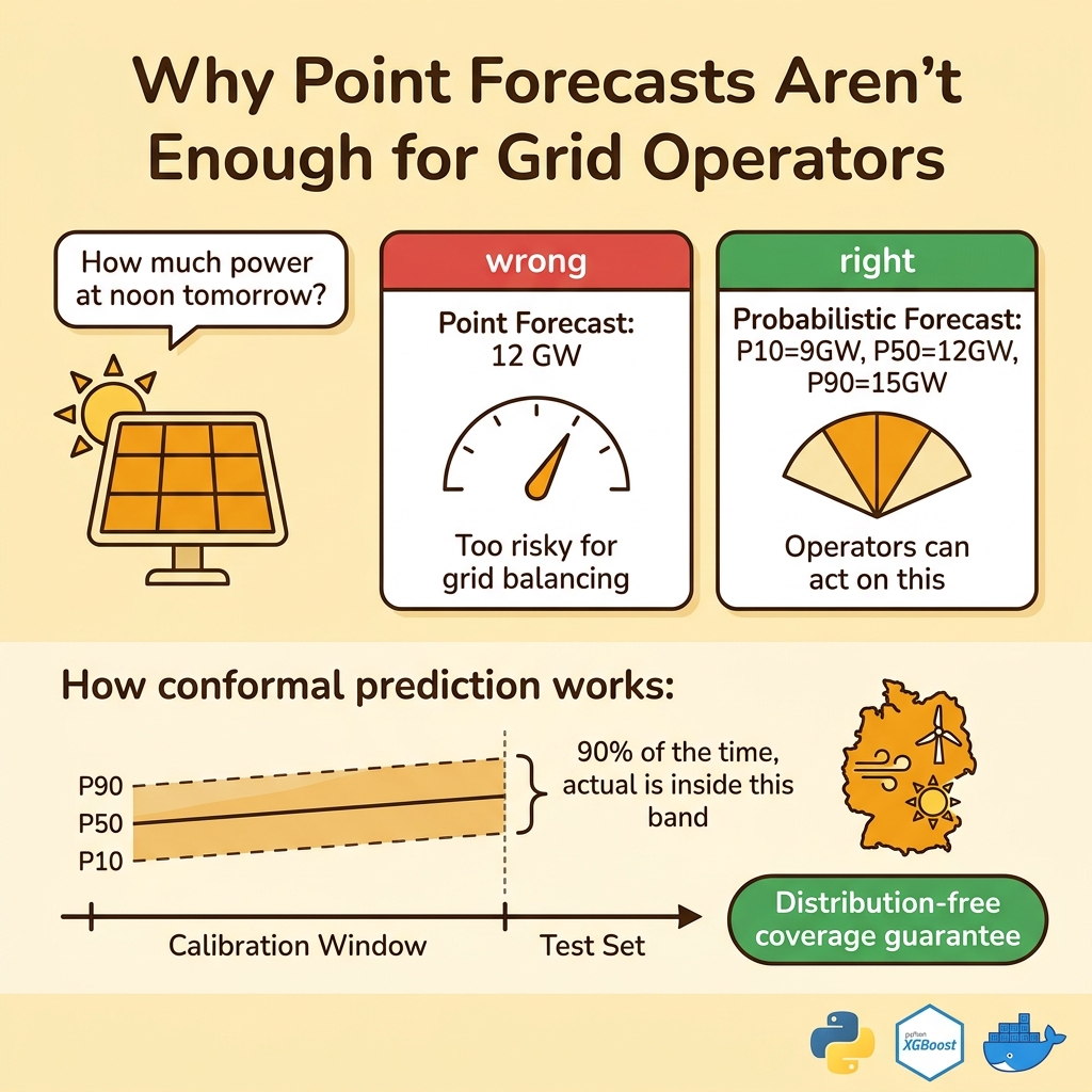 Why point forecasts aren't enough: probabilistic P10/P50/P90 intervals with conformal prediction guarantee