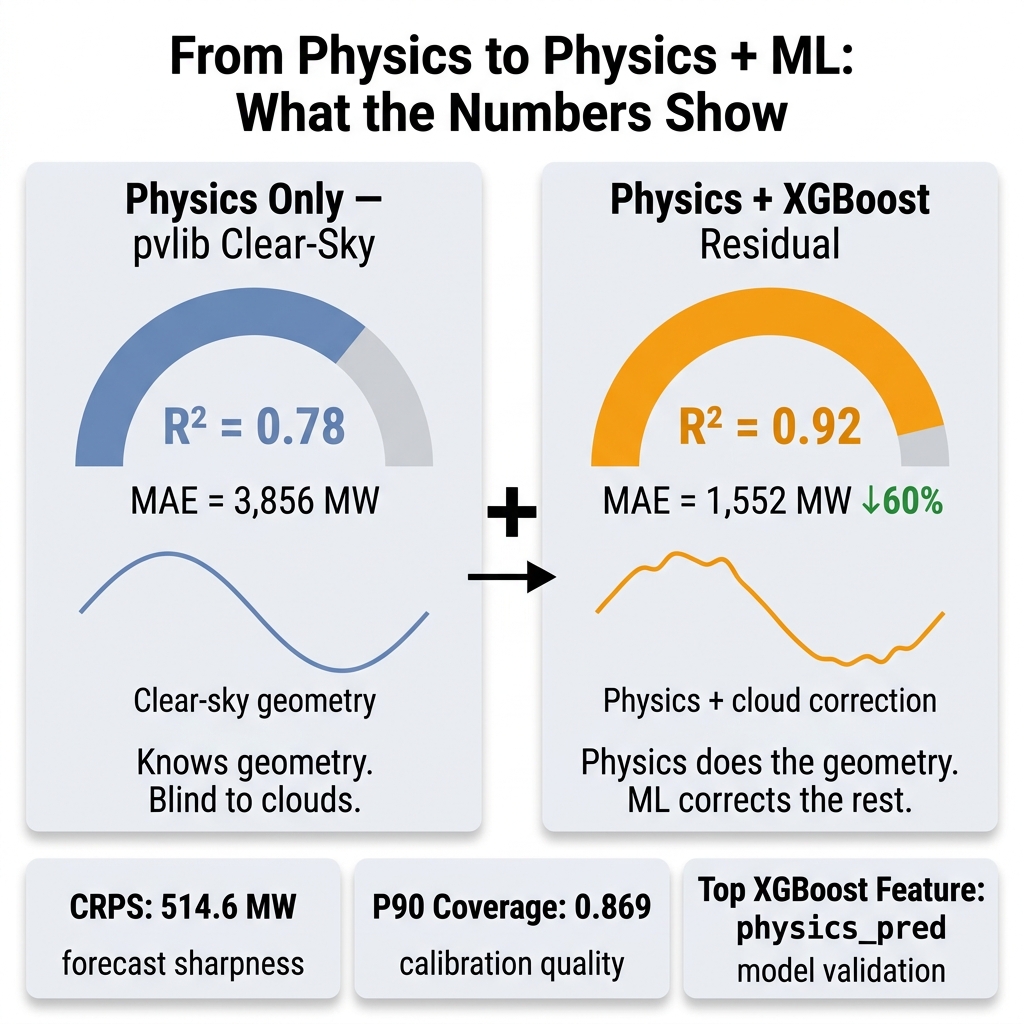 Results comparison: Physics-only R²=0.78 vs Physics+XGBoost R²=0.92, MAE reduced by 60%