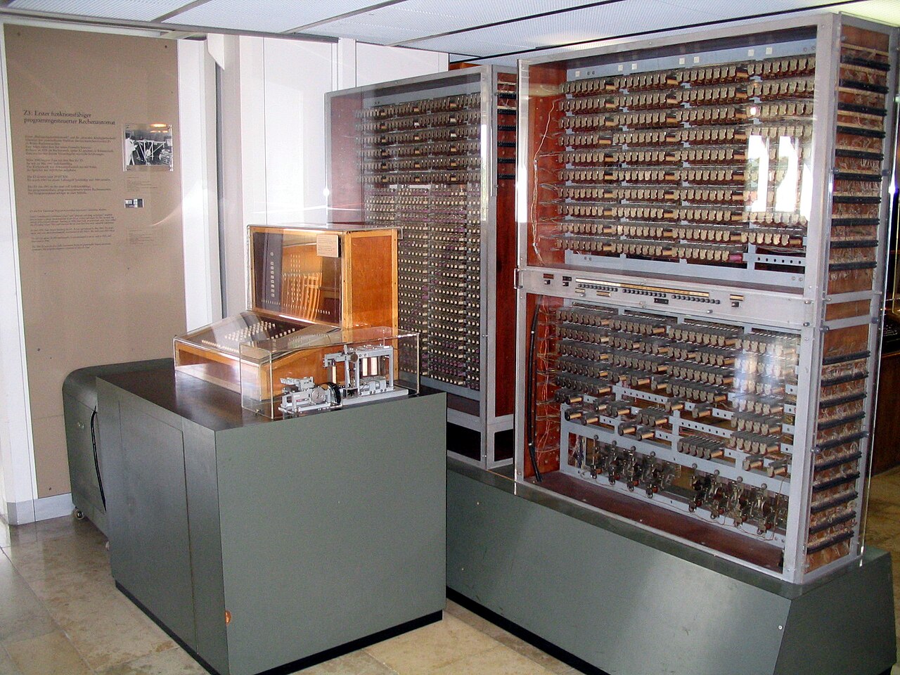The Z3 replica at the Deutsches Museum: tall relay cabinets and an operator console