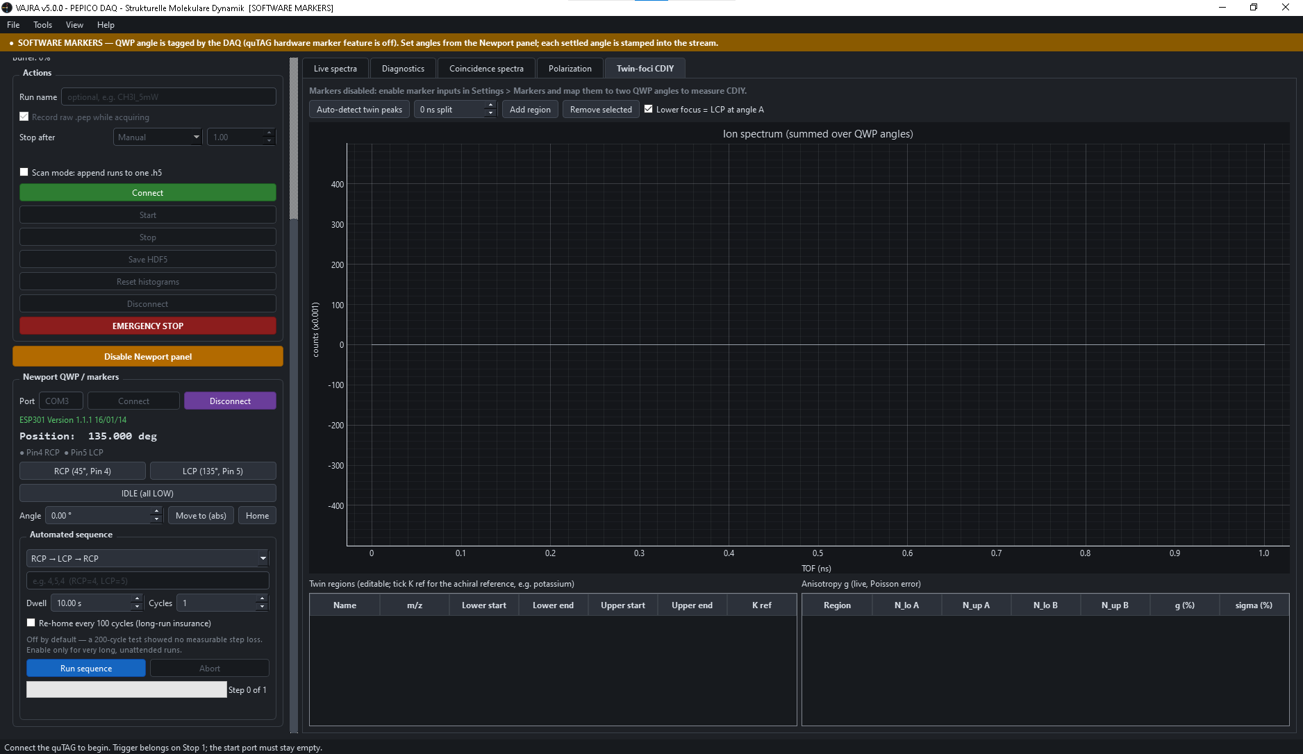The VAJRA acquisition interface running in software-marker mode, with the waveplate control panel on the left