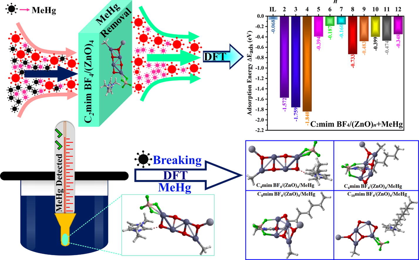 Adsorption and breaking of hazardous methyl mercury on hybrid structures of ionic liquids and ZnO nanoclusters